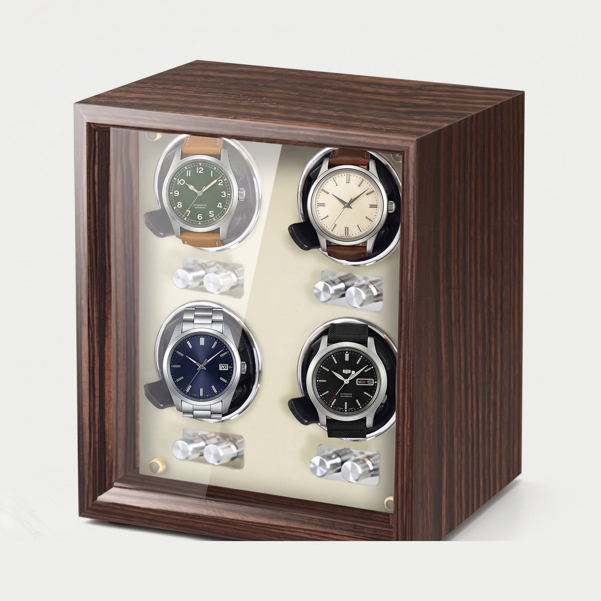 Remontoir Guichet 4 montres, bois foncé, intérieur blanc, quatre montres sur leurs coussins