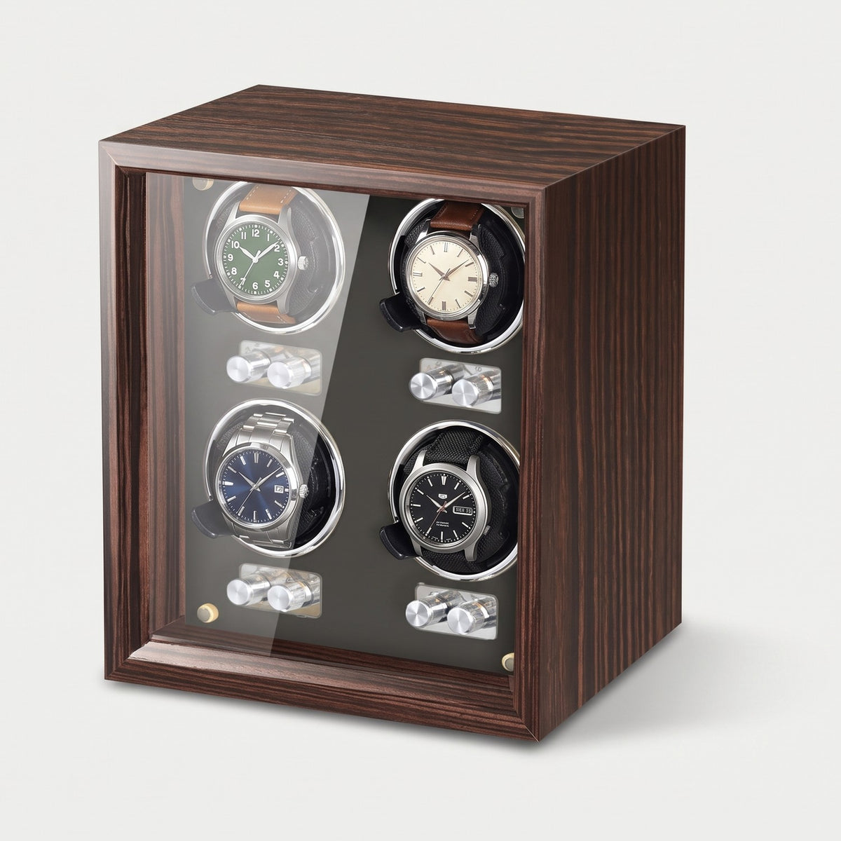 Remontoir Guichet 4 montres, bois foncé, intérieur noir, quatre montres sur leurs coussins