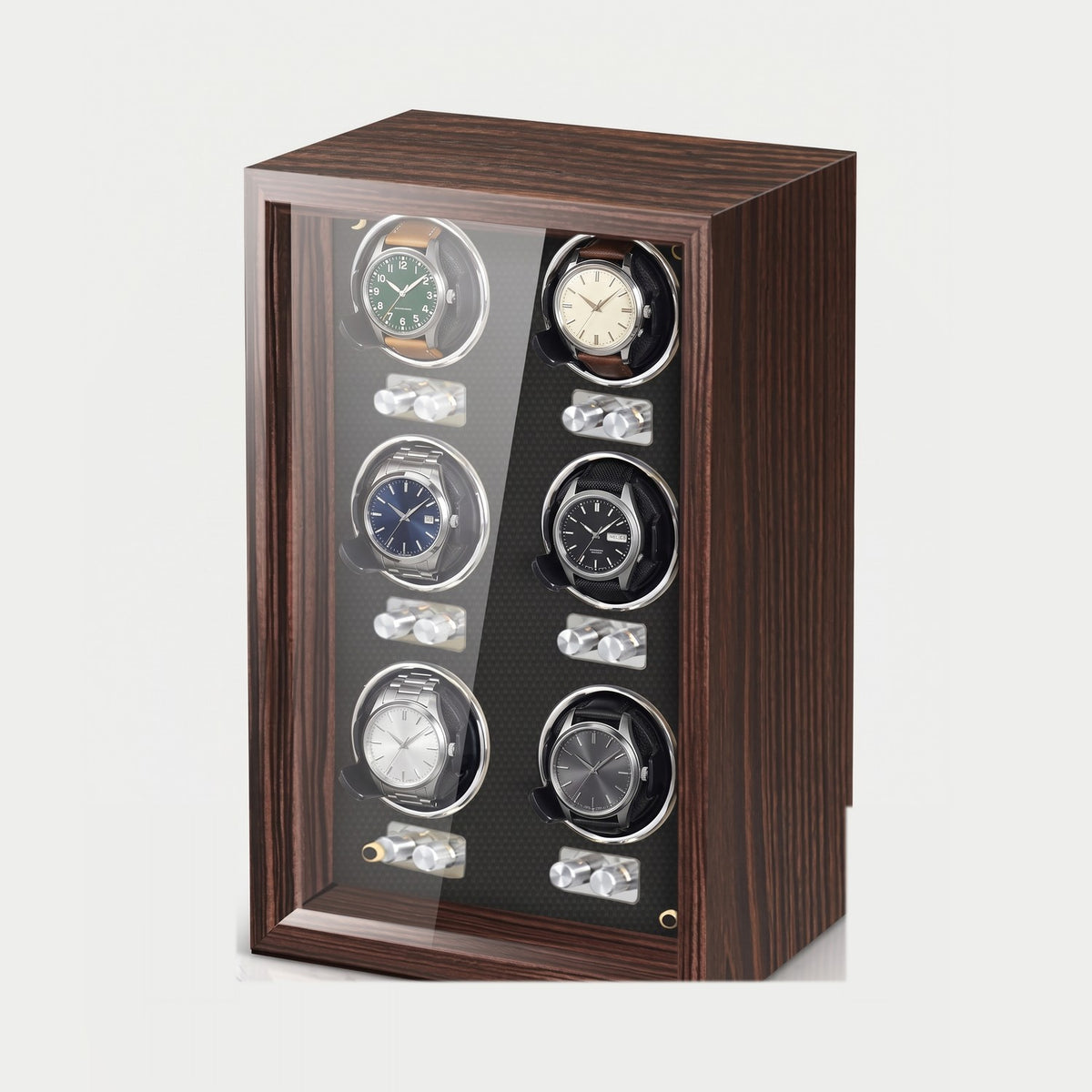 Remontoir Guichet 6 montres, bois foncé, intérieur noir, six montres sur leurs coussins
