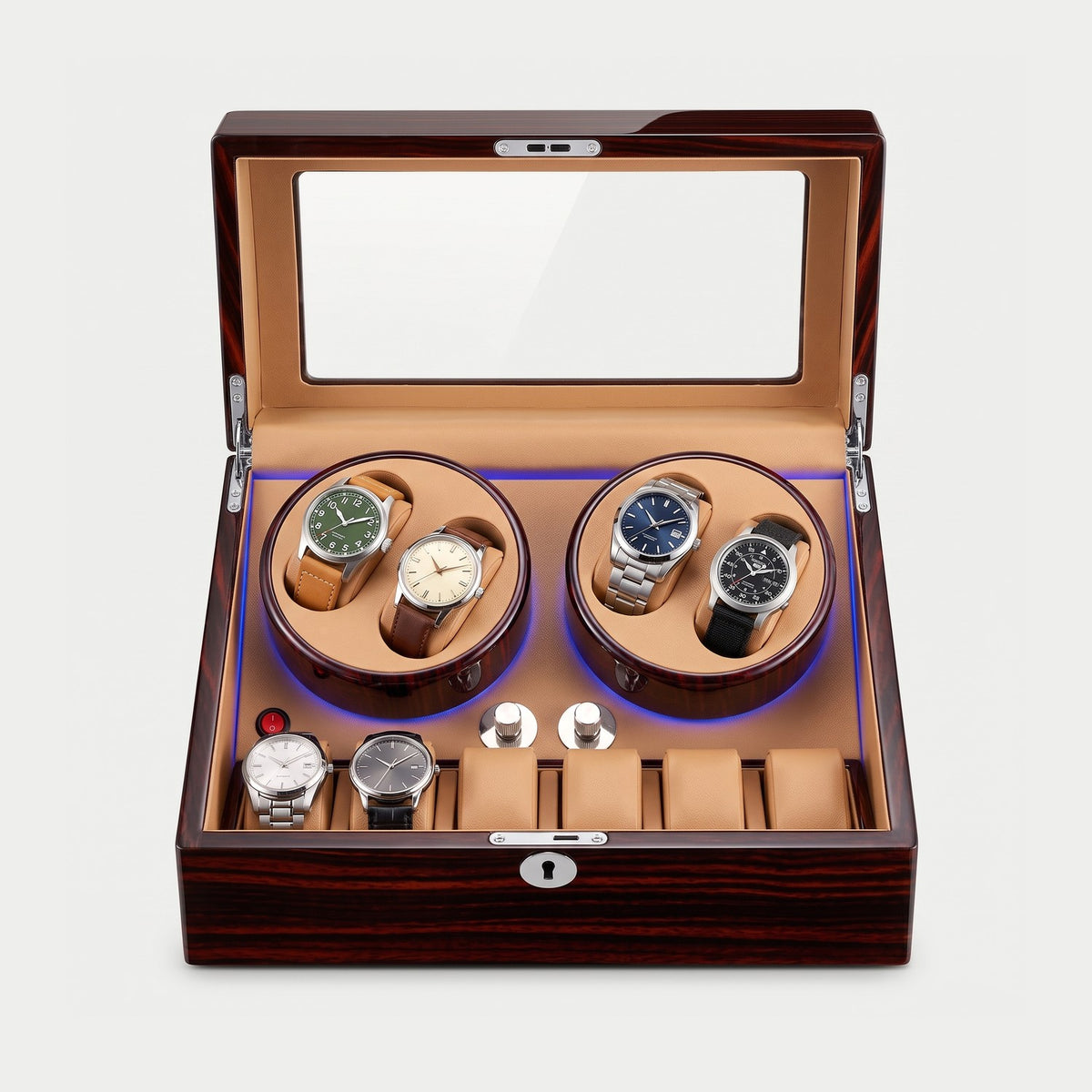 Remontoir Guilloché 4 + 6 montres, laque façon ébène, quatre montres en rotation et six en rangement