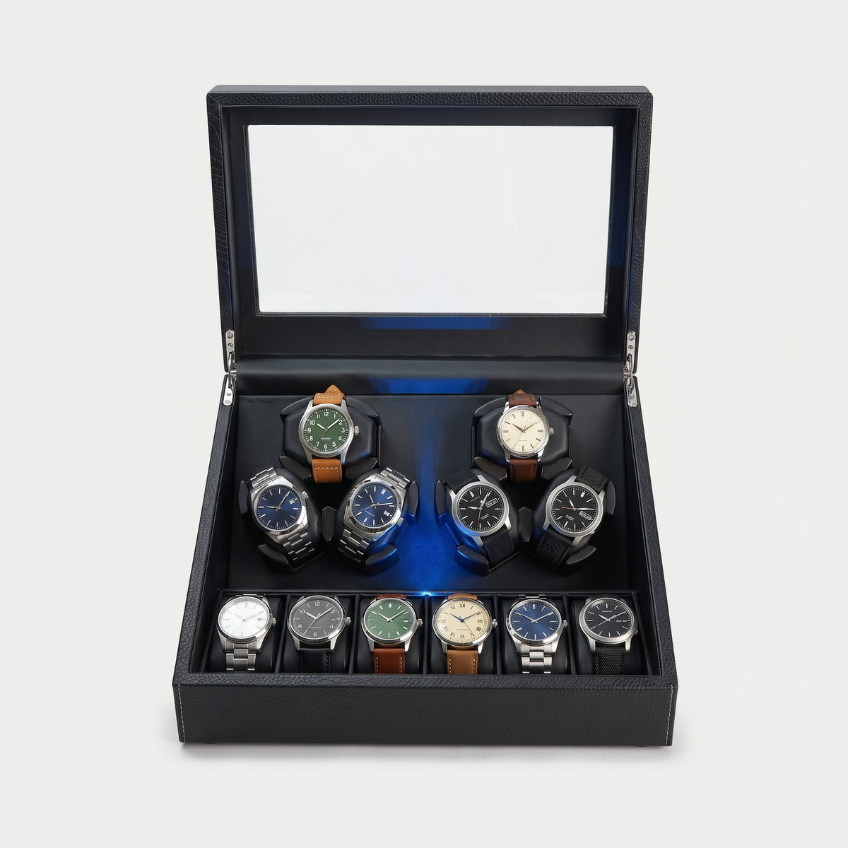 Remontoir Guilloché 6 + 6 montres, similicuir noir, six montres en rotation et six en rangement