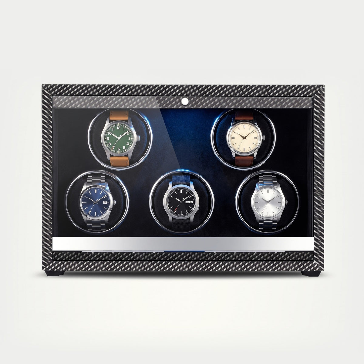 Remontoir Guilloché 6 montres, façon carbone, six montres sur leurs coussins