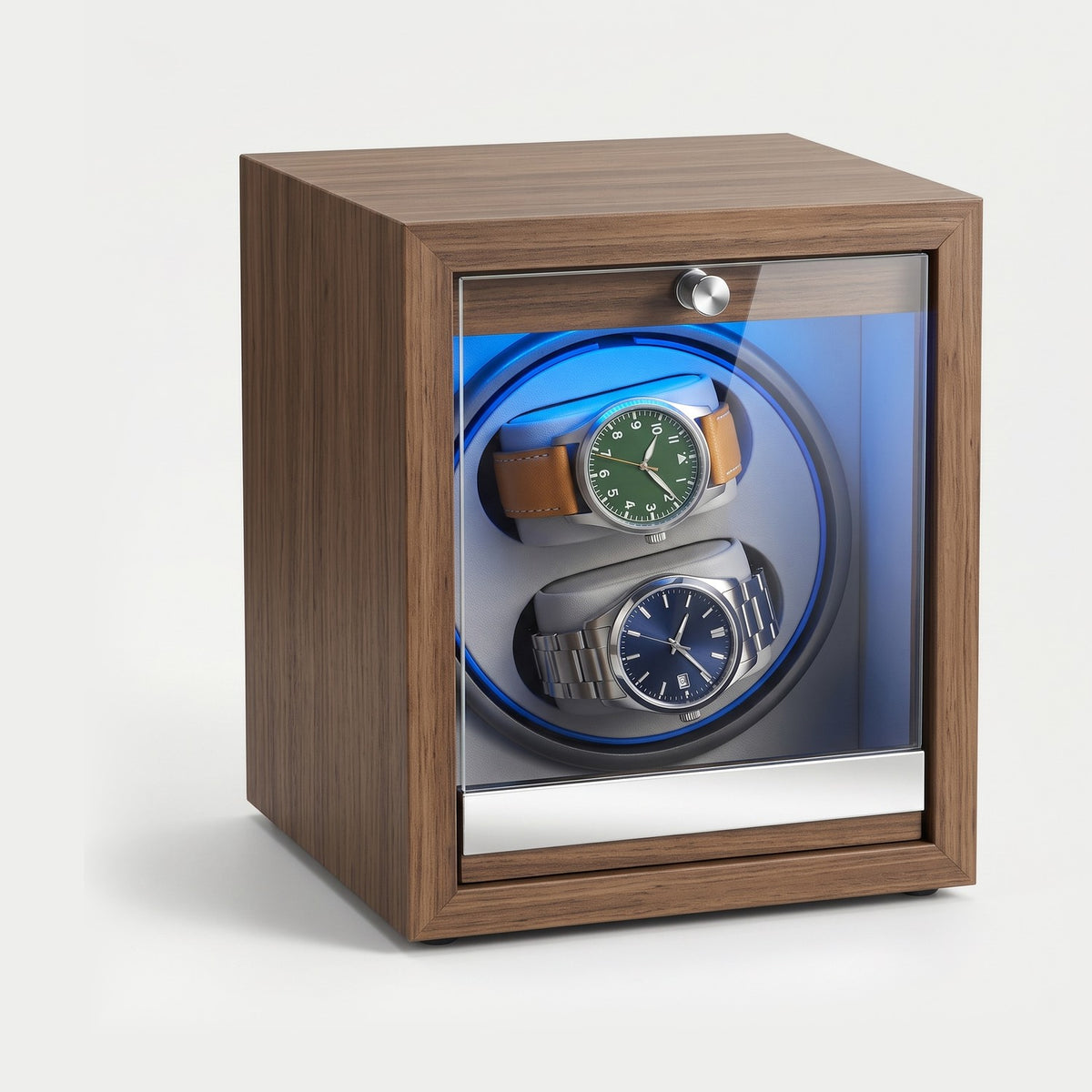 Remontoir Index une montre, bois foncé, intérieur gris, éclairage bleu, une montre sur son coussin