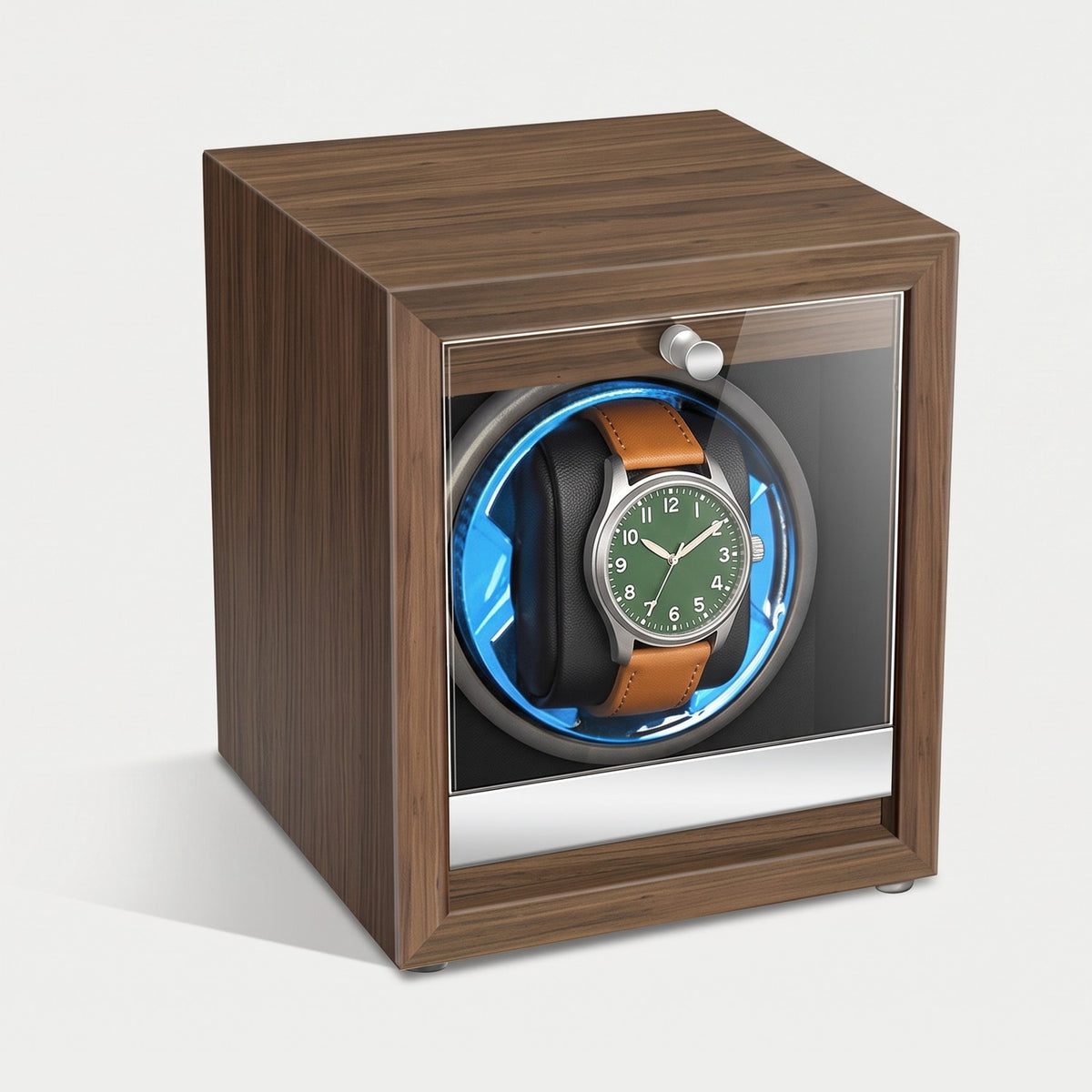 Remontoir Index une montre, bois foncé, intérieur noir, éclairage bleu, une montre sur son coussin
