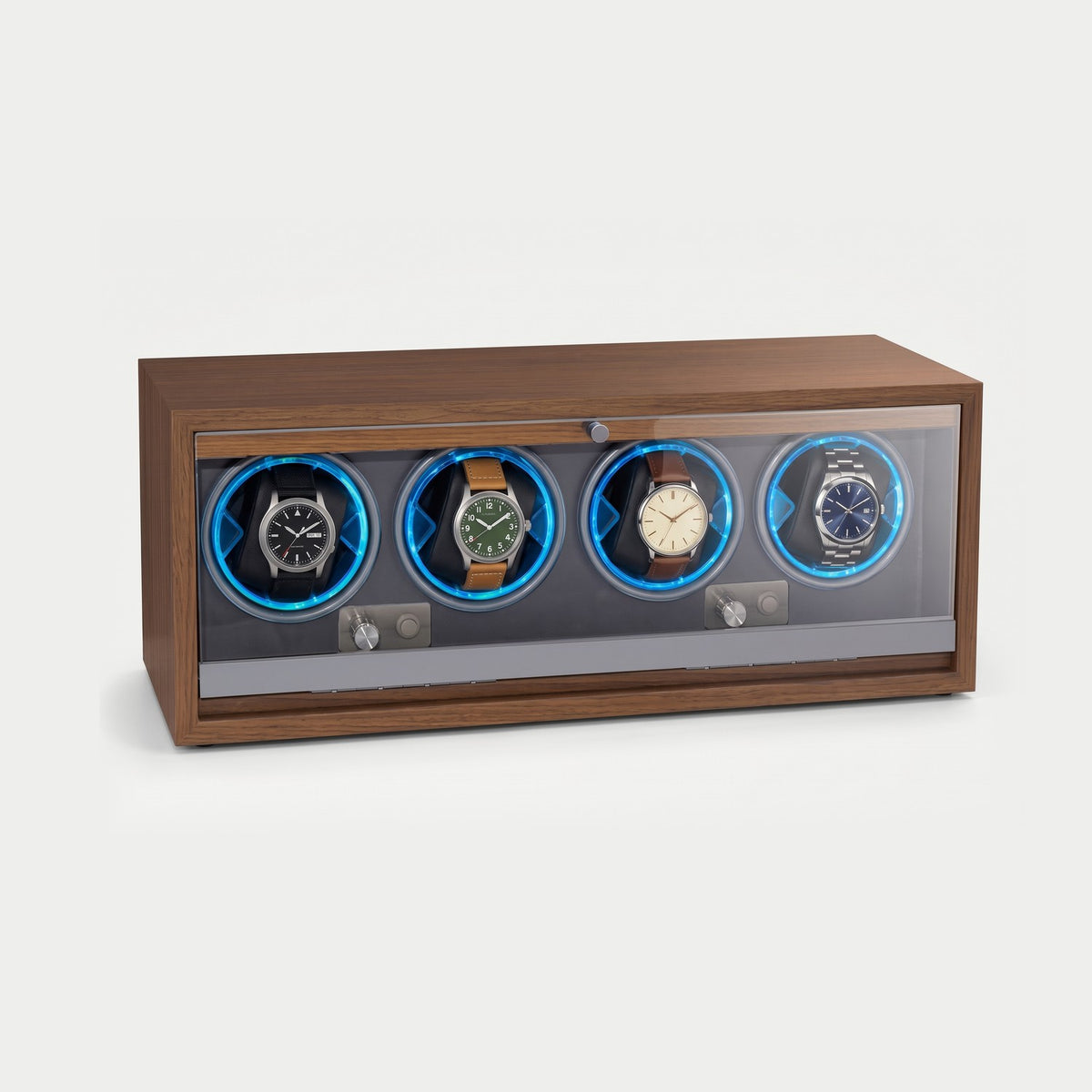 Remontoir Index 4 montres, bois foncé, intérieur gris, éclairage bleu, quatre montres sur leurs coussins