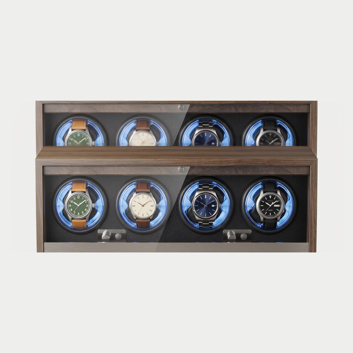 Remontoir Index 4 montres, bois foncé, intérieur noir, éclairage bleu, quatre montres sur leurs coussins