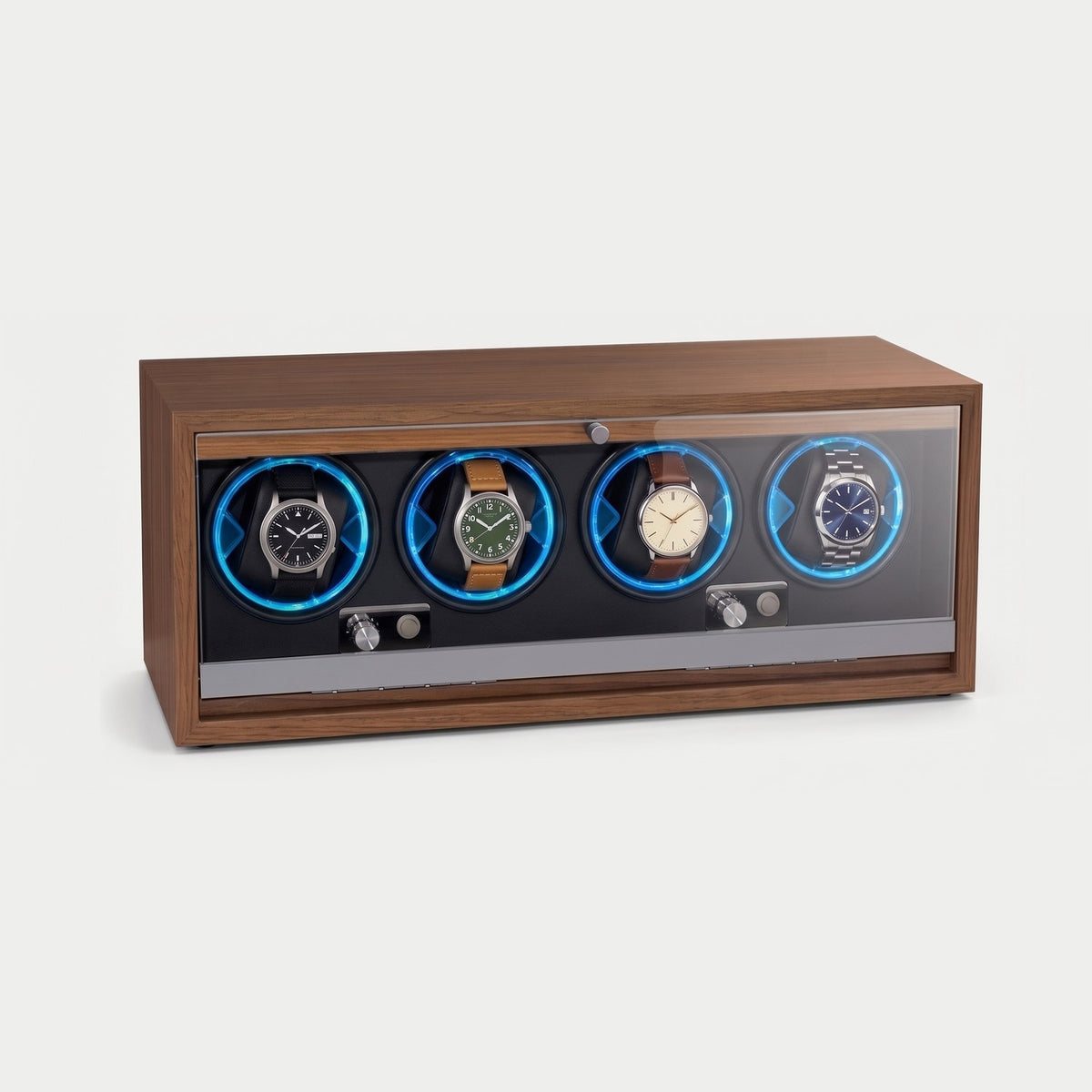 Remontoir Index 4 montres, bois foncé, intérieur noir, éclairage bleu, quatre montres sur leurs coussins