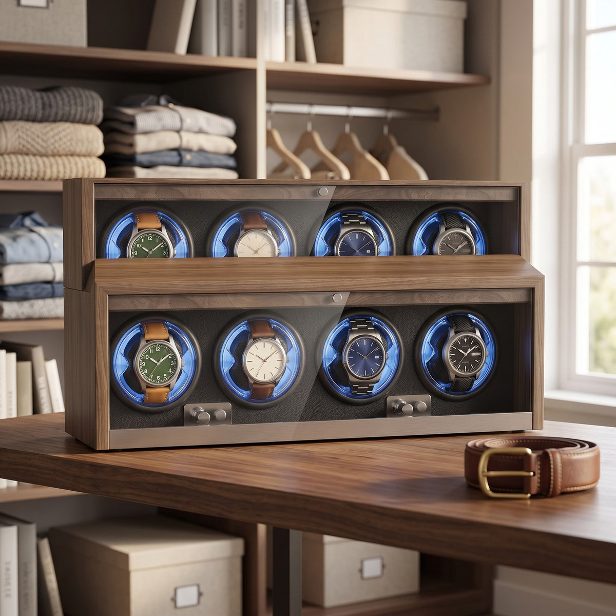 Remontoir Index 4 montres, posé sur une étagère de dressing, le matin
