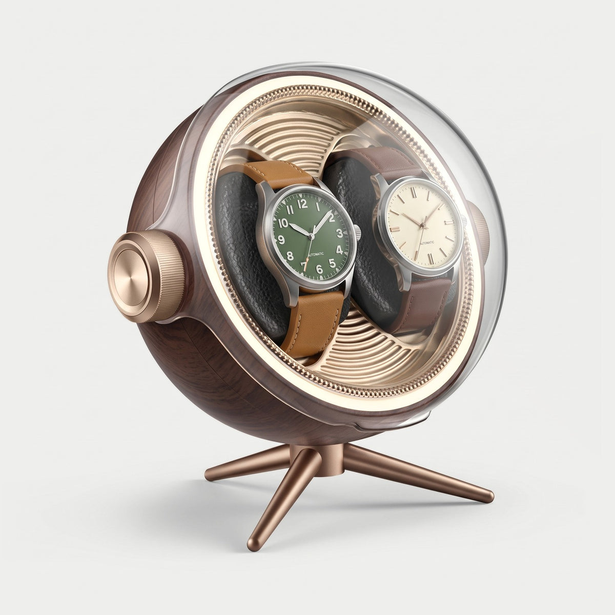 Remontoir Lunette 2 montres, coque façon bois, deux montres sur leurs coussins