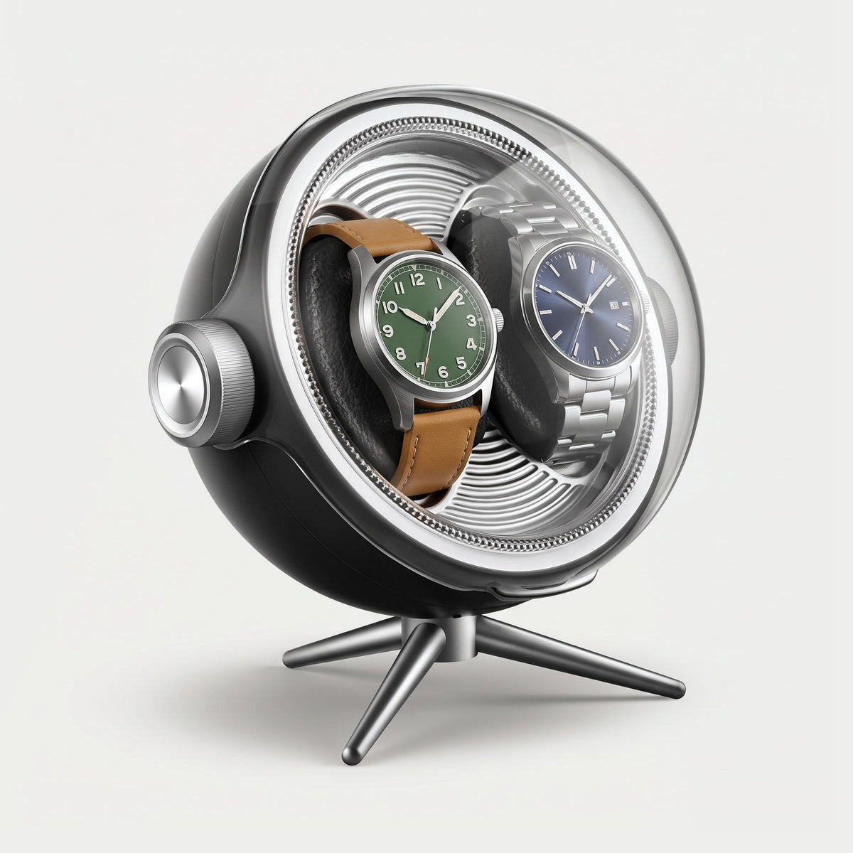Remontoir Lunette 2 montres, coque noire, deux montres sur leurs coussins