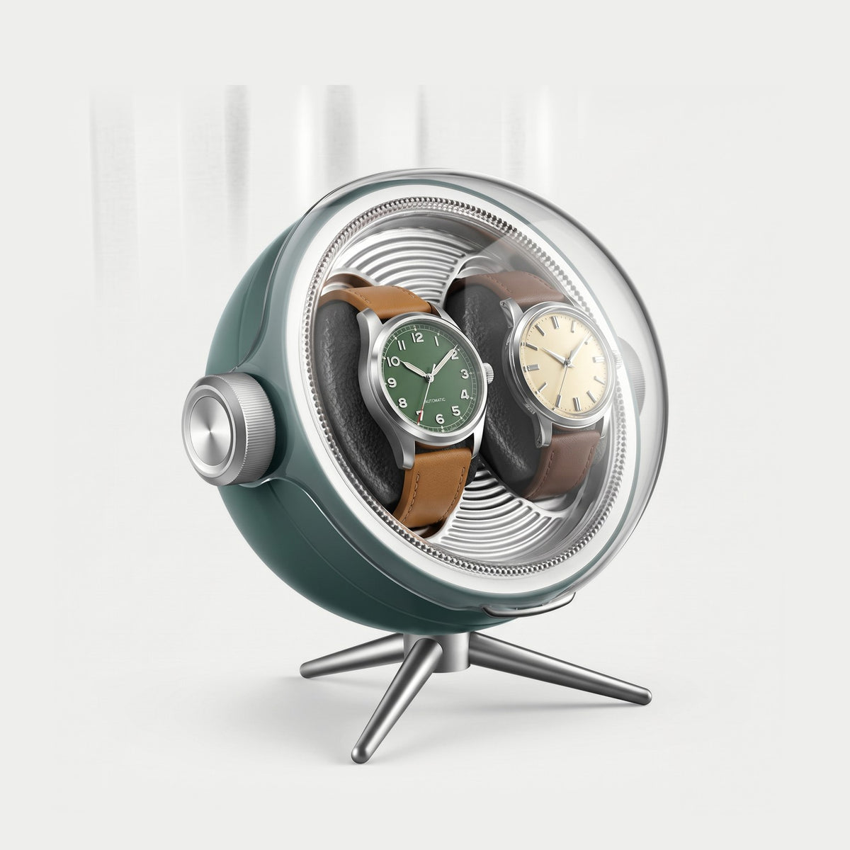 Remontoir Lunette 2 montres, coque verte, deux montres sur leurs coussins