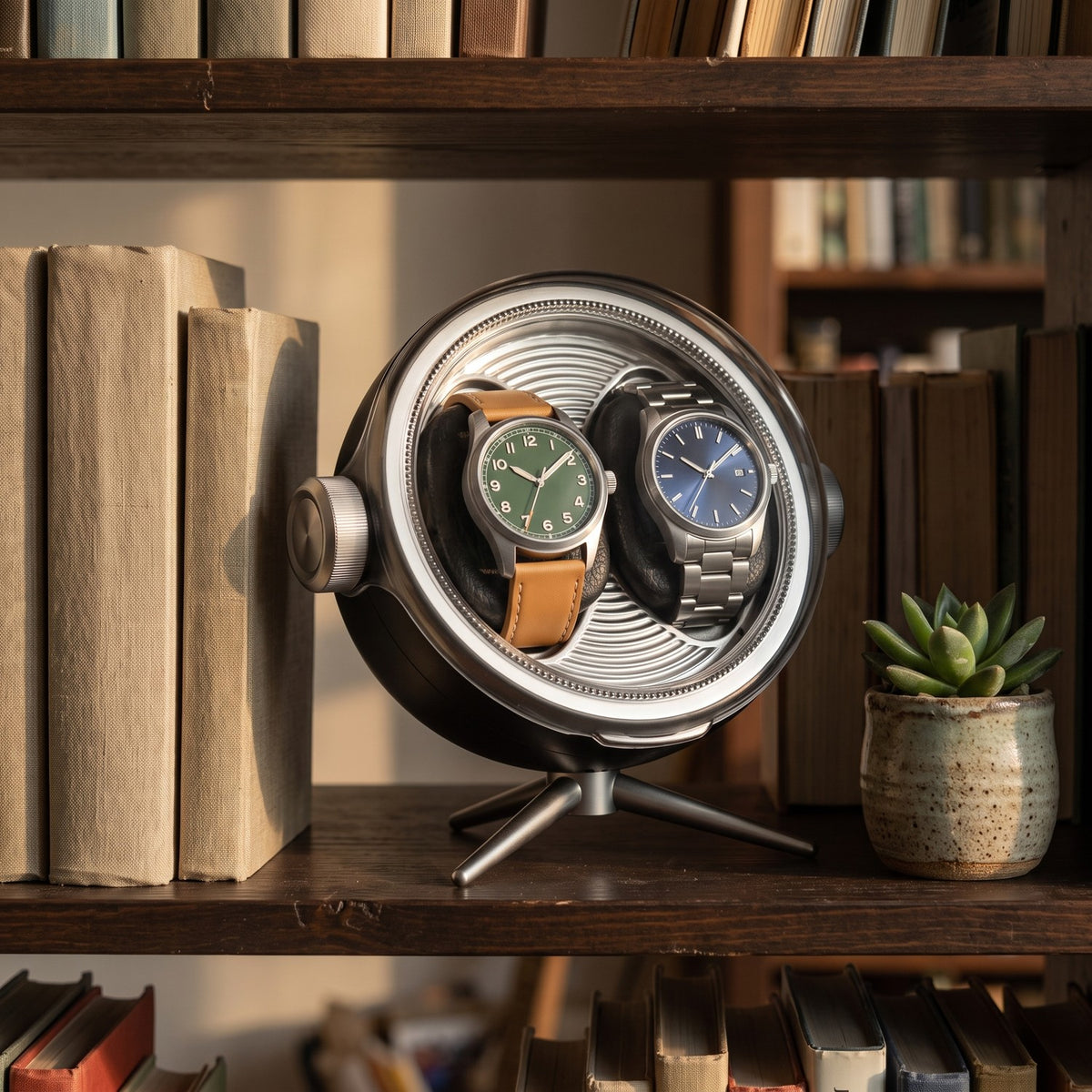 Remontoir Lunette 2 montres, posé sur une étagère de bibliothèque