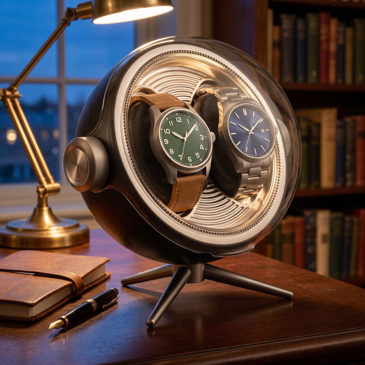Remontoir Lunette 2 montres, posé sur un bureau, le soir