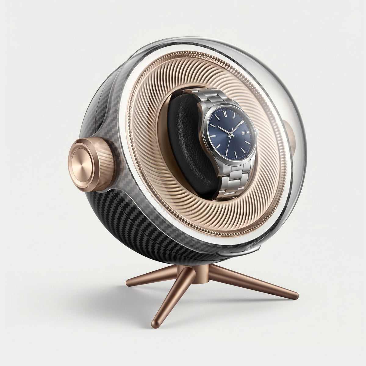 Remontoir Lunette une montre, coque façon carbone, une montre sur son coussin