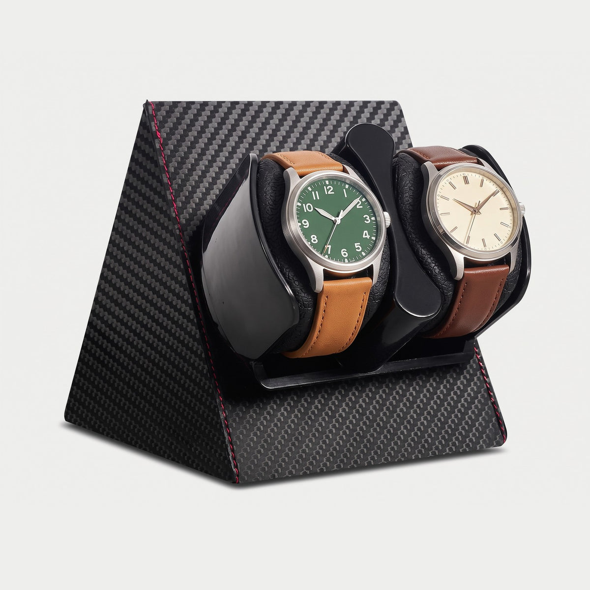 Remontoir Pignon 2 montres, façon carbone, deux montres sur leurs coussins