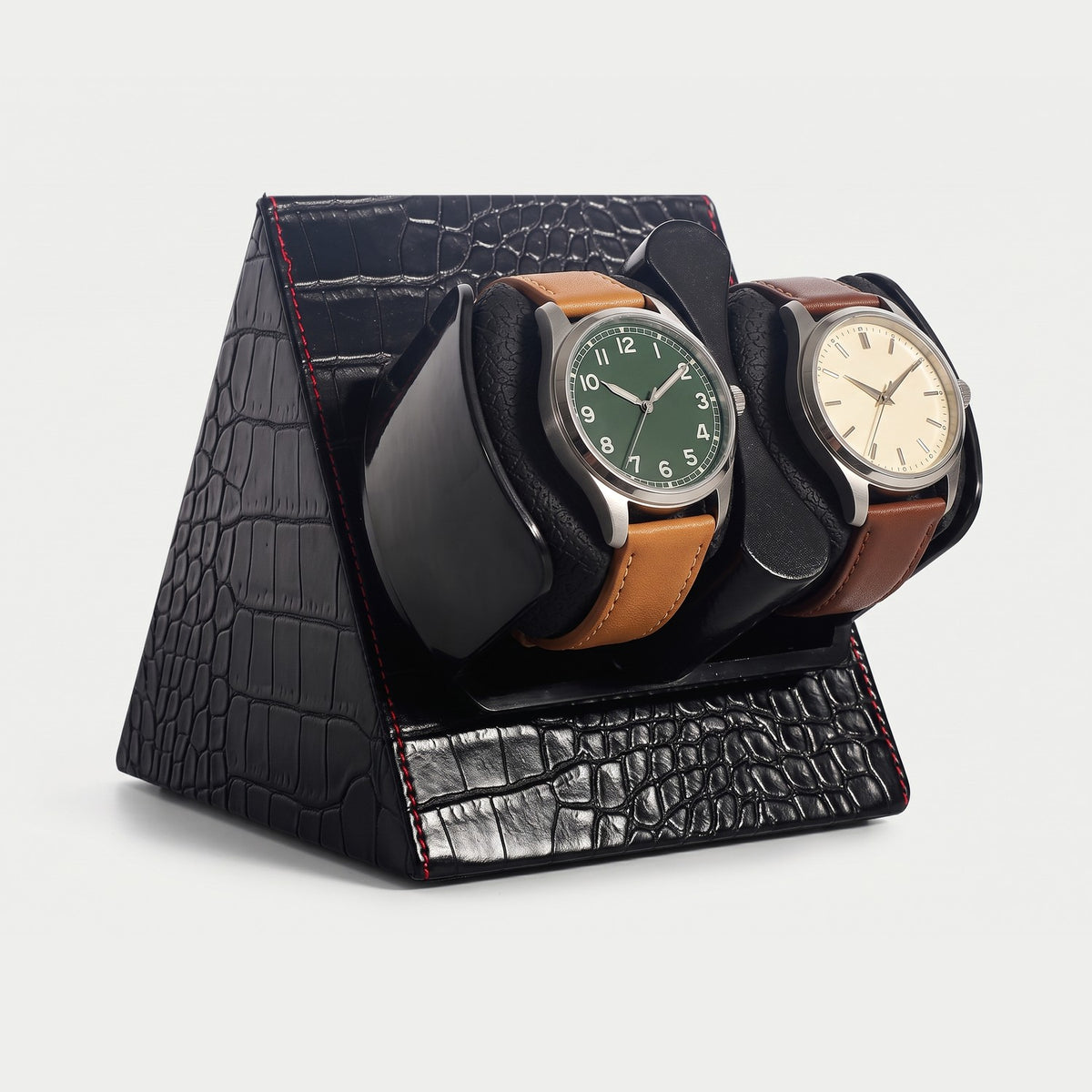 Remontoir Pignon 2 montres, façon croco, deux montres sur leurs coussins