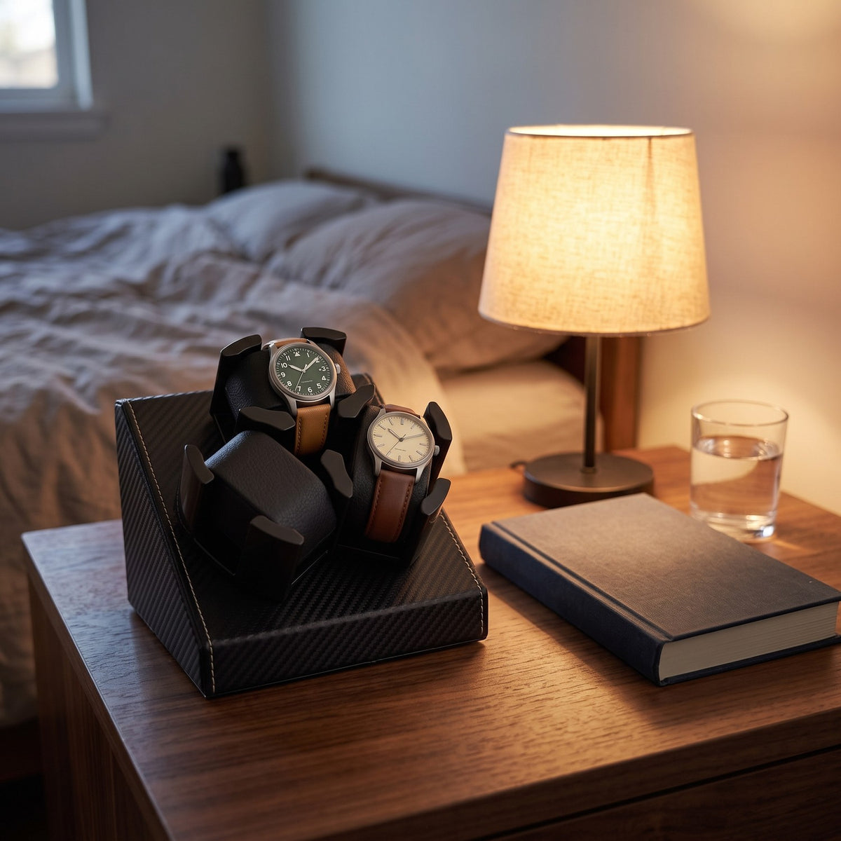 Remontoir Pivot 3 montres, posé sur une table de chevet