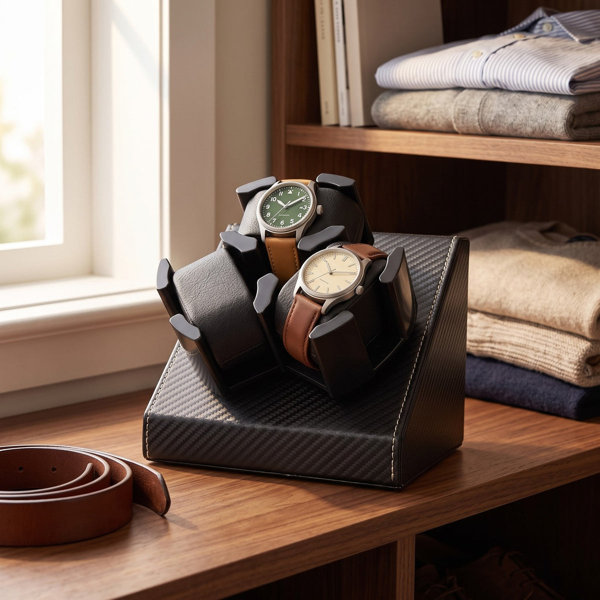 Remontoir Pivot 3 montres, posé sur une étagère de dressing, le matin