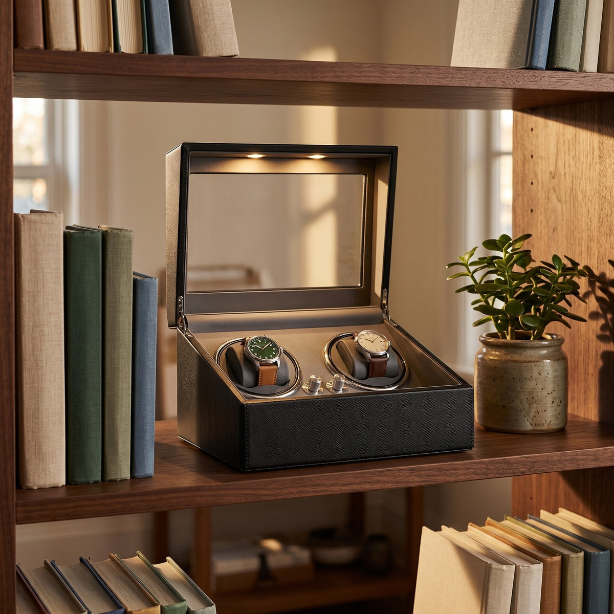 Remontoir Platine 4 montres, posé sur une étagère de bibliothèque