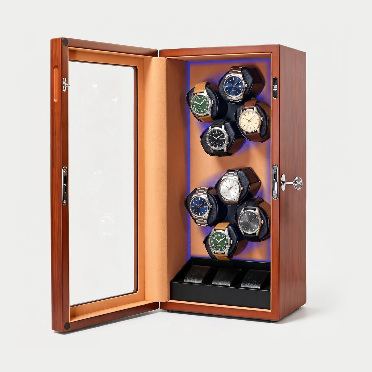 Remontoir Régulateur 8 + 3 montres, façon bois, huit montres en rotation et trois en rangement