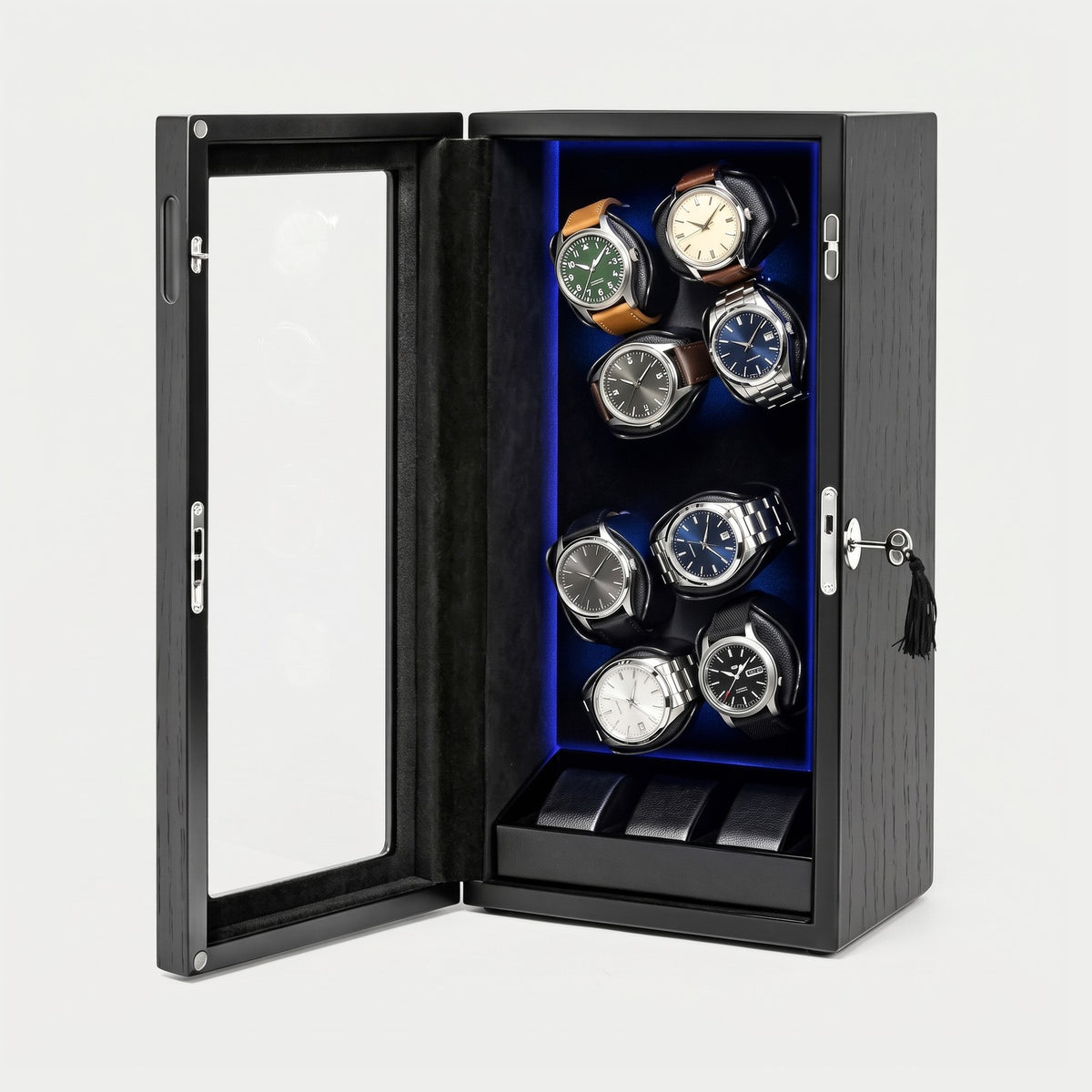 Remontoir Régulateur 8 + 3 montres, noir, huit montres en rotation et trois en rangement