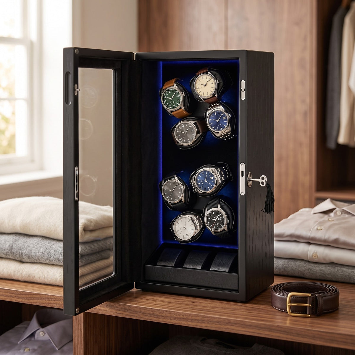 Remontoir Régulateur 8 + 3 montres, posé sur une étagère de dressing, le matin