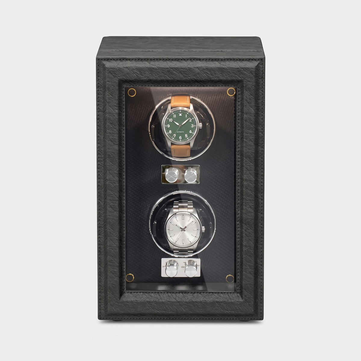 Remontoir Rochet 2 montres, similicuir noir, deux montres sur leurs coussins