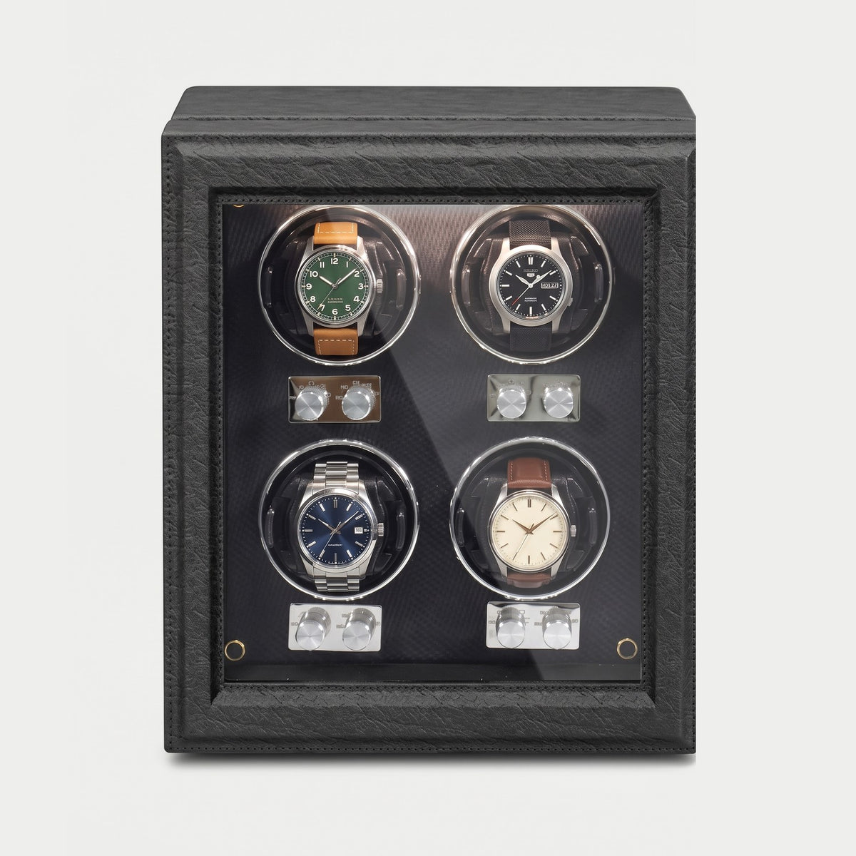 Remontoir Rochet 4 montres, similicuir noir, quatre montres sur leurs coussins