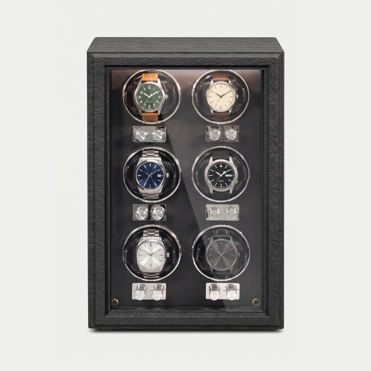 Remontoir Rochet 6 montres, similicuir noir, six montres sur leurs coussins