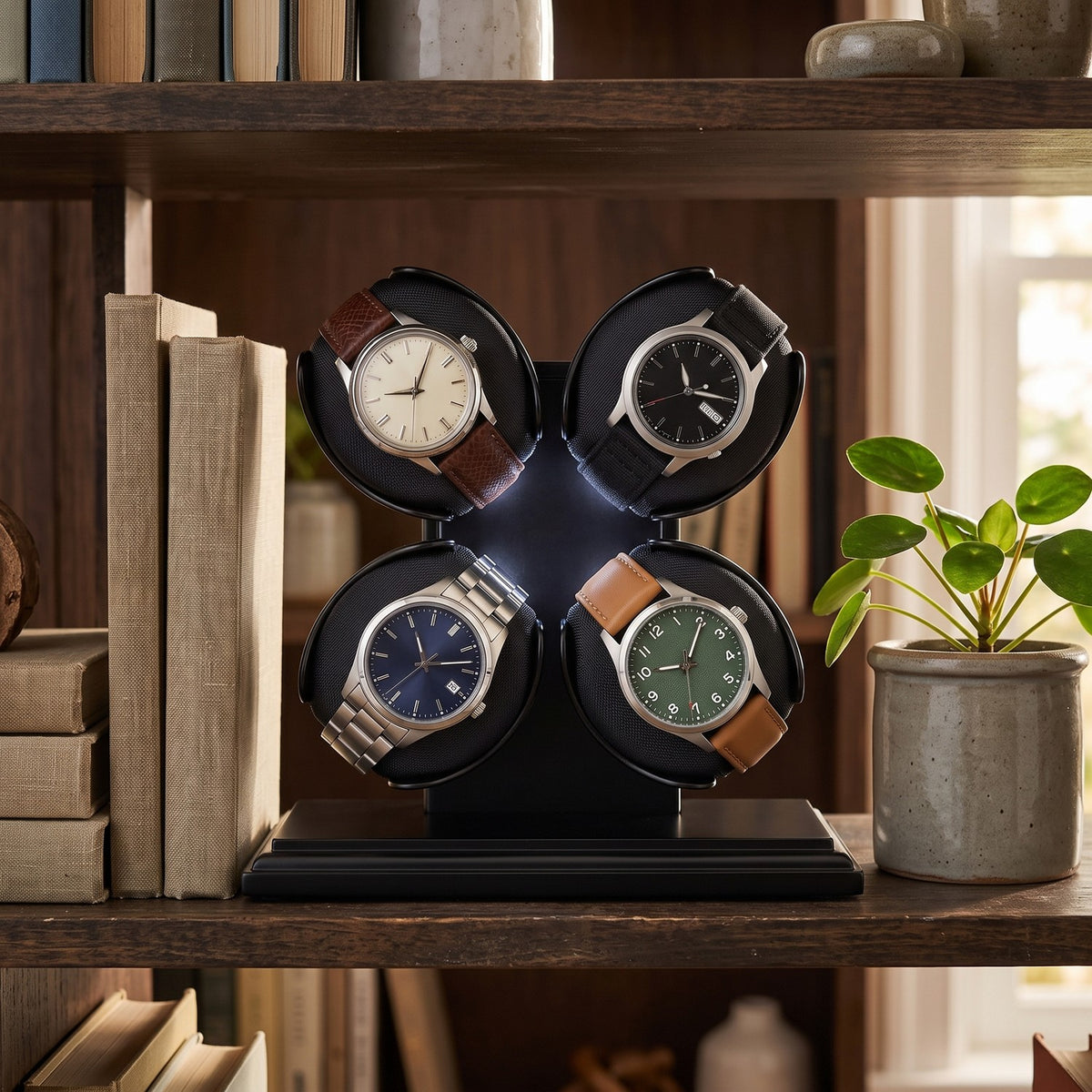 Remontoir Rotor 4 montres, posé sur une étagère de bibliothèque