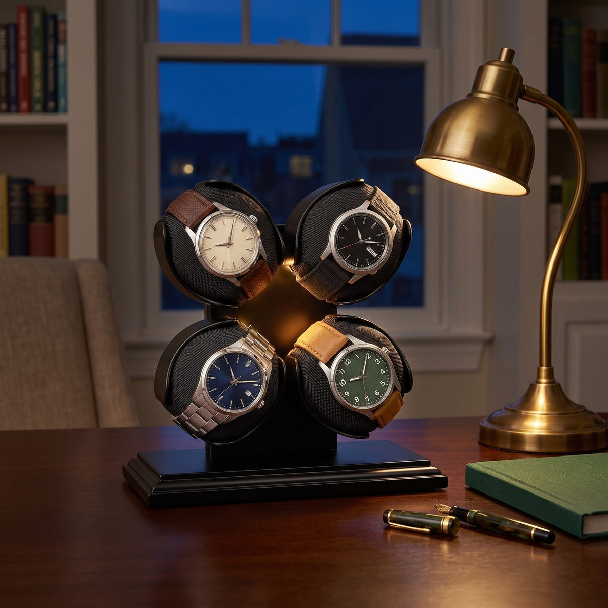 Remontoir Rotor 4 montres, posé sur un bureau, le soir