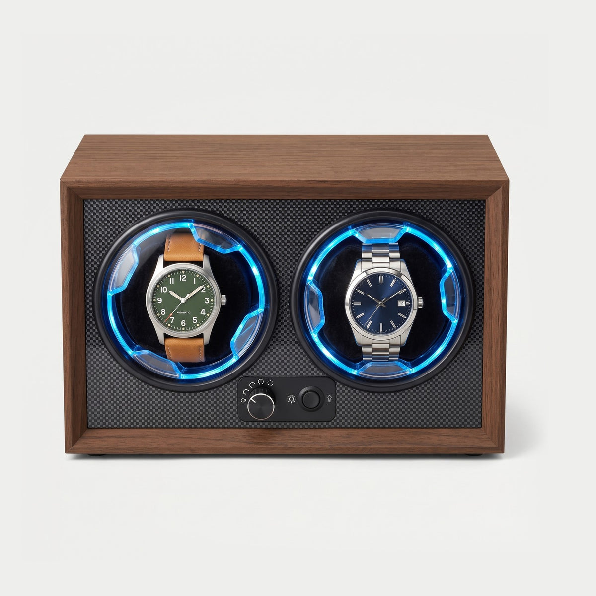 Remontoir Spiral 2 montres, noyer, deux montres sur leurs coussins