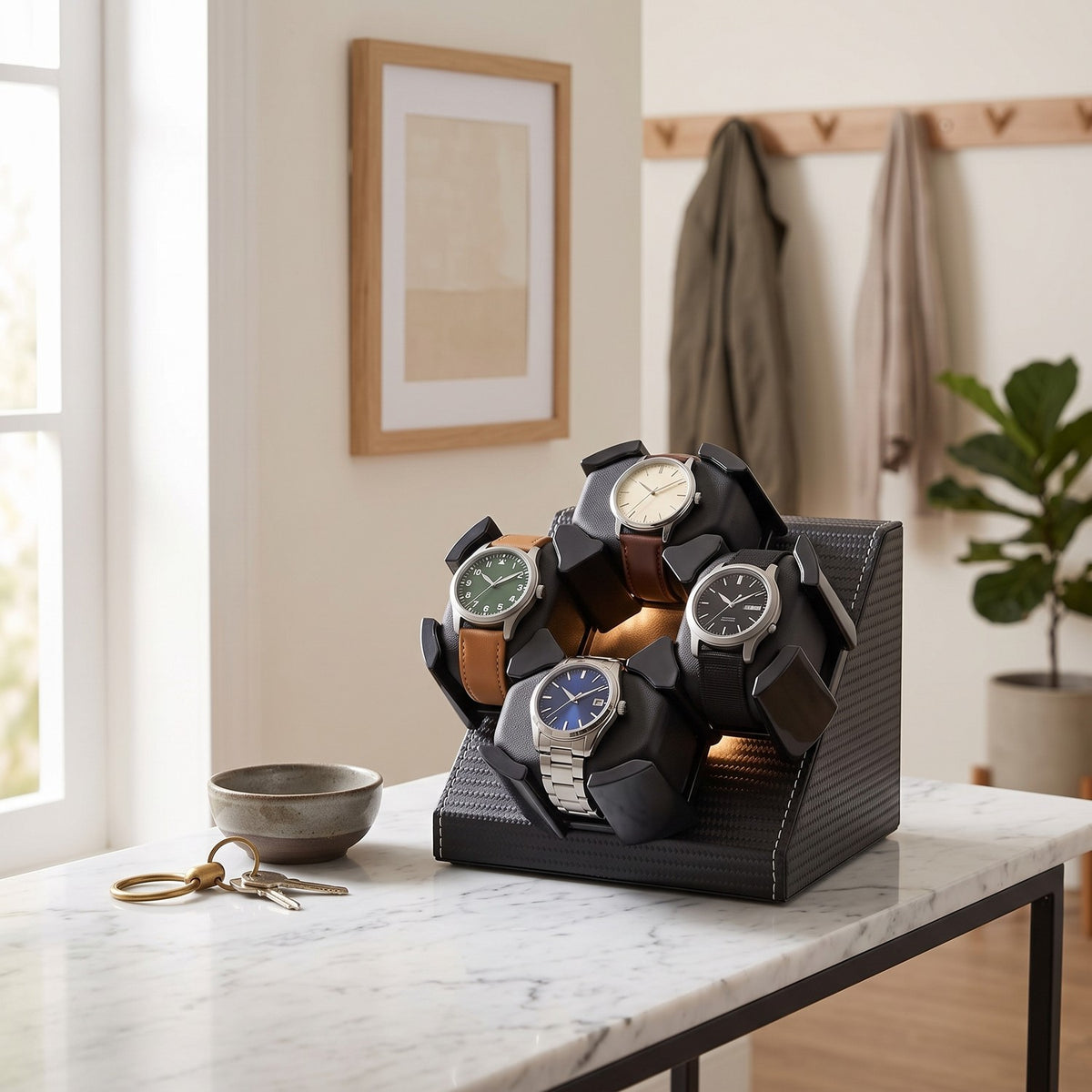 Remontoir Trotteuse 4 montres, posé sur une console d'entrée