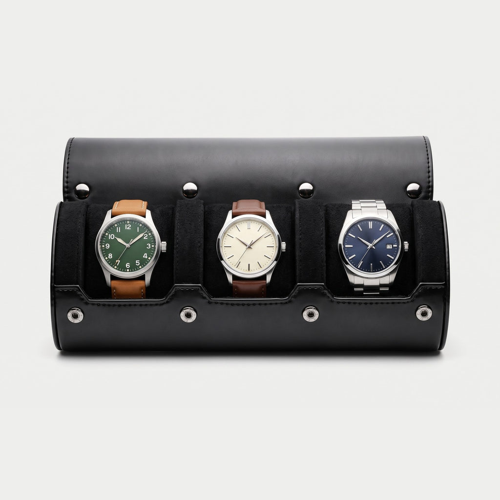 Rouleau Nomade trois montres, façon cuir noir, trois montres en place
