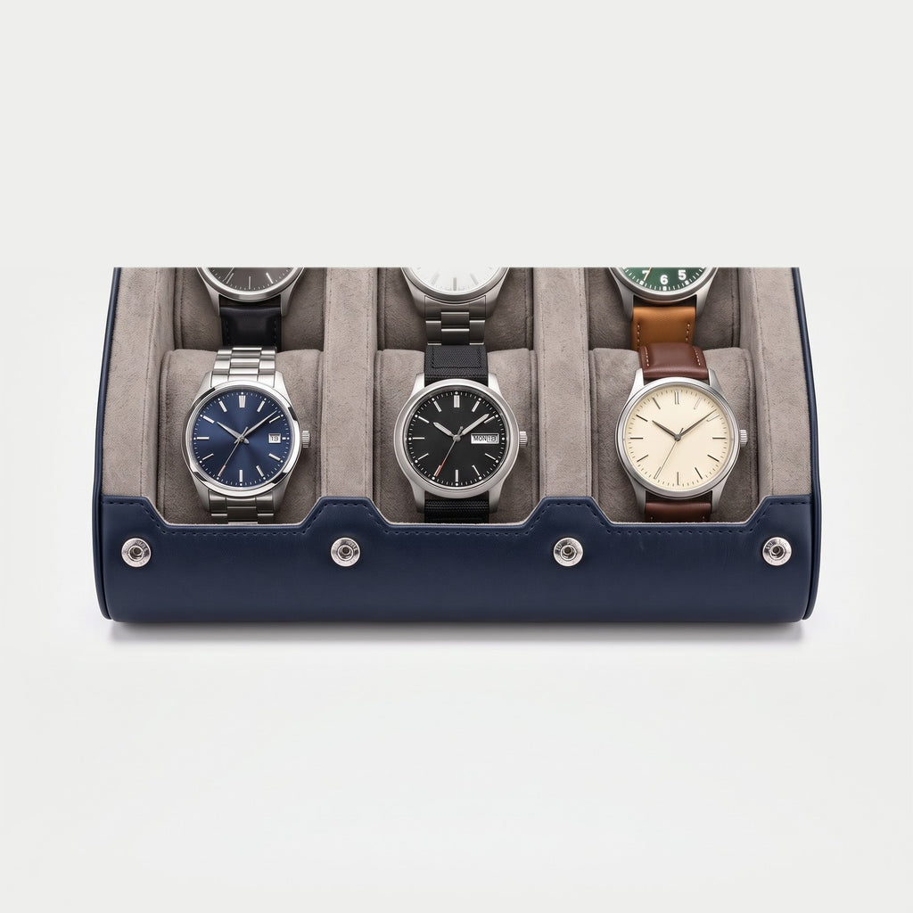 Rouleau Nomade six montres, façon cuir bleu nuit, six montres en place sur deux rangées