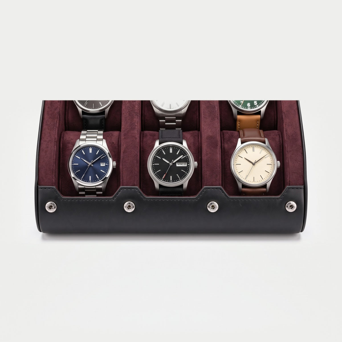 Rouleau Nomade six montres, façon cuir noir, intérieur bordeaux, six montres en place sur deux rangées