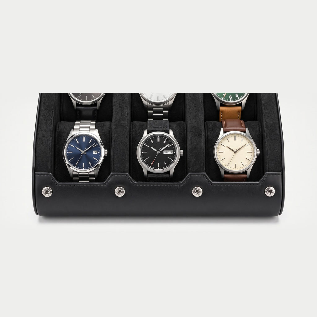 Rouleau Nomade six montres, façon cuir noir, six montres en place