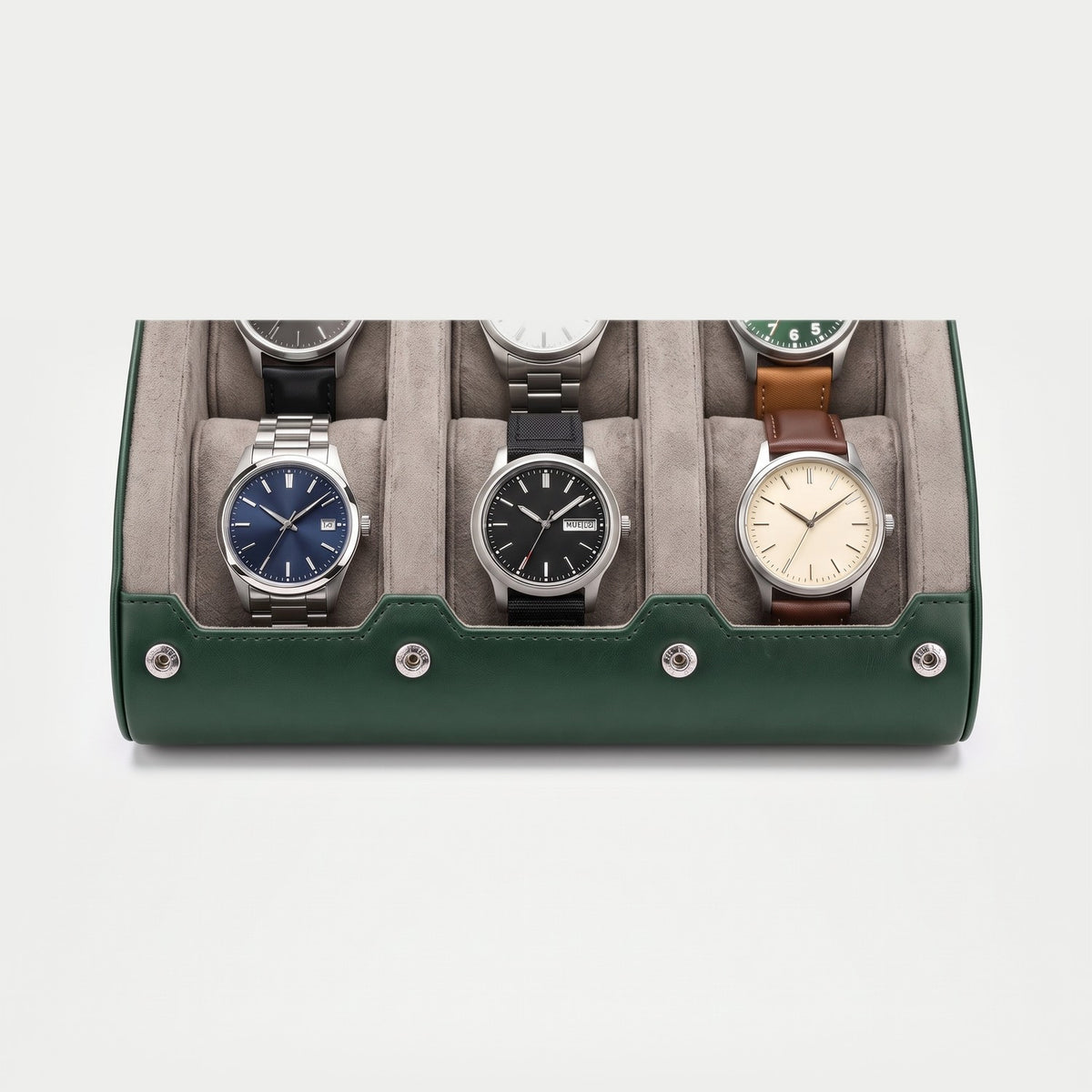 Rouleau Nomade six montres, façon cuir vert, intérieur gris, six montres en place sur deux rangées