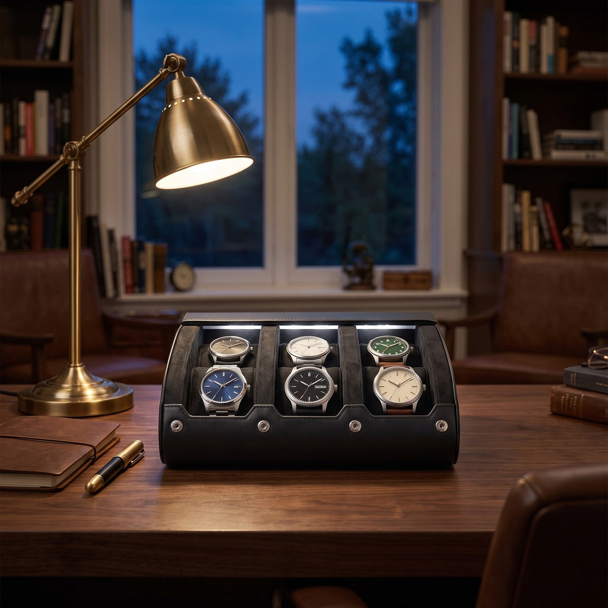 Rouleau Nomade six montres, posé sur un bureau, le soir